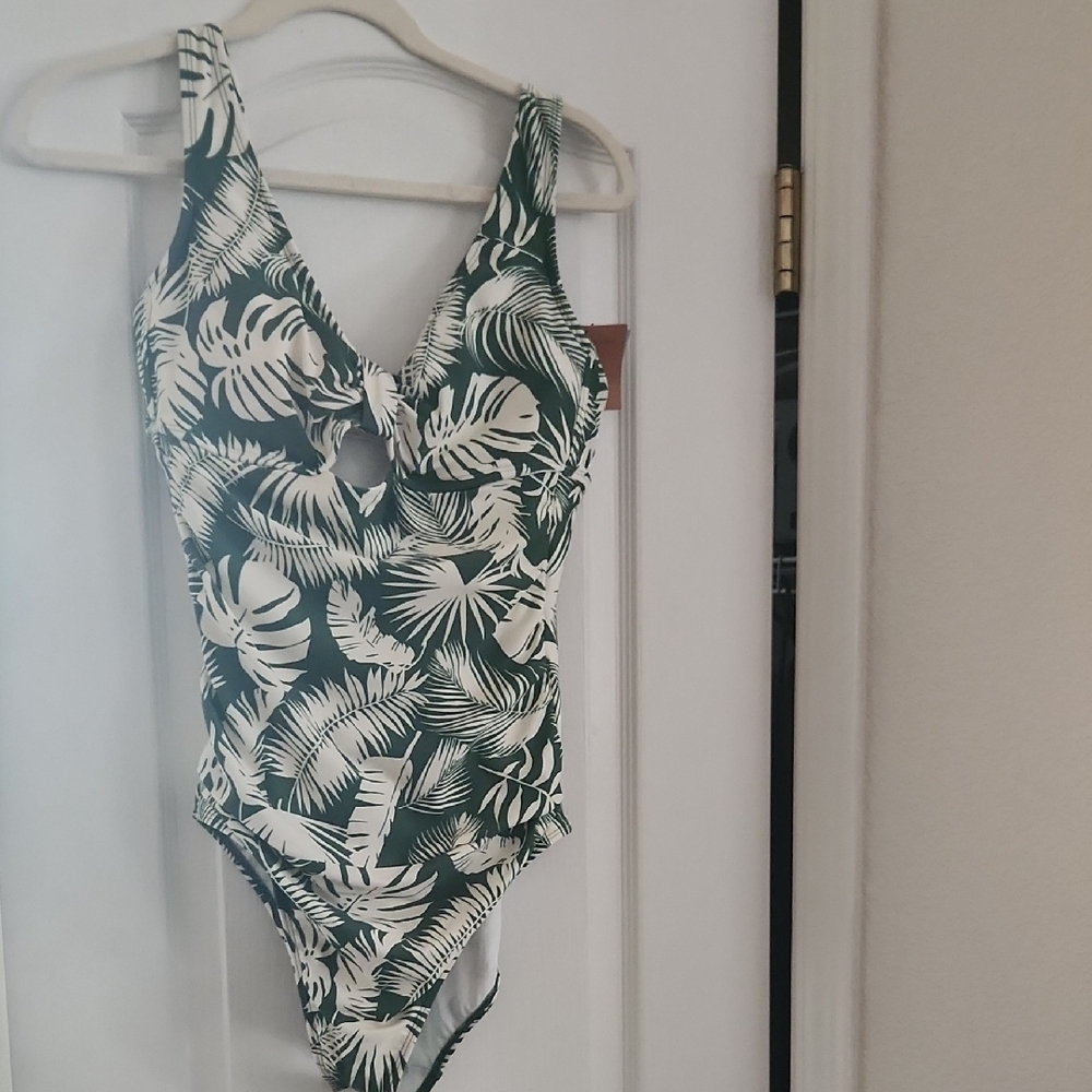 Green and White Tropical Palm Leaf One Piece